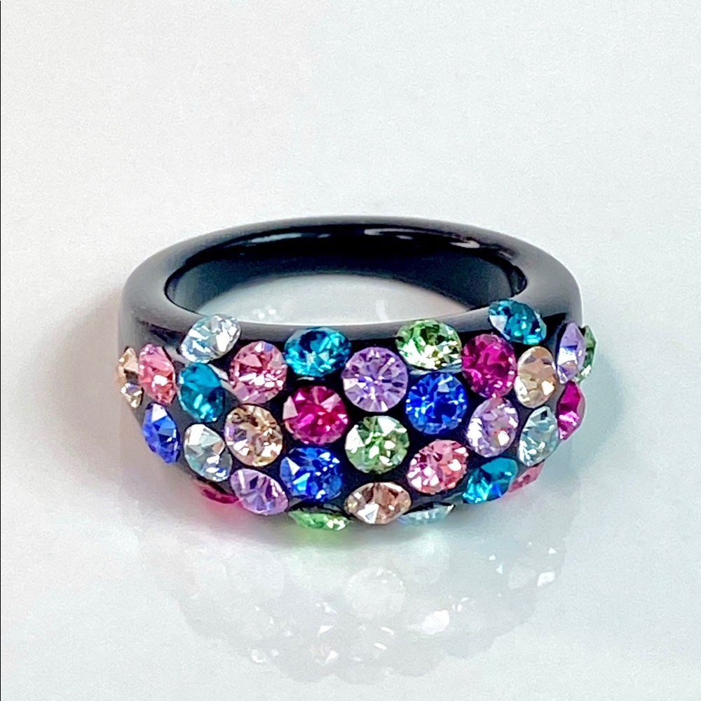 Black Acrylic Ring With Multicoloured Swarovski Crystal Stones • Handmade Ring